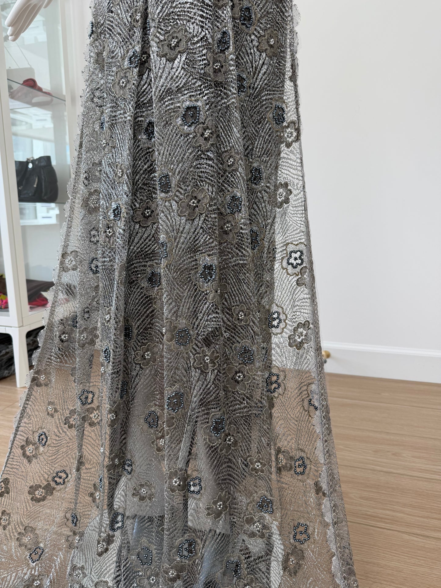 RANDOLPH DUKE 2005 Vintage Silver Floral Beaded Evening Gown w. Train