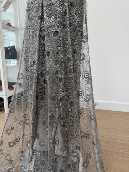 RANDOLPH DUKE 2005 Vintage Silver Floral Beaded Evening Gown w. Train