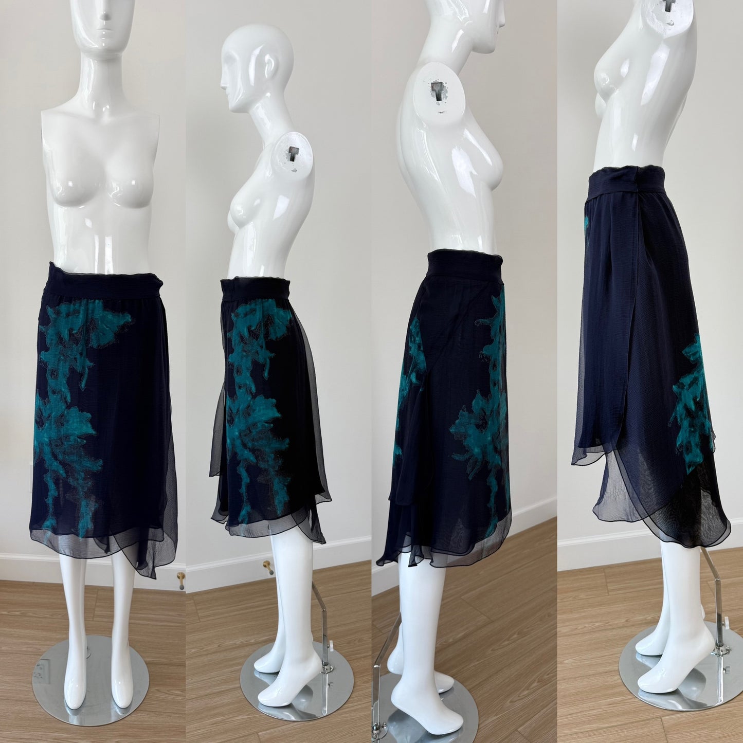 DONNA KARAN 2000 Vintage Blue Silk Runway Print Skirt