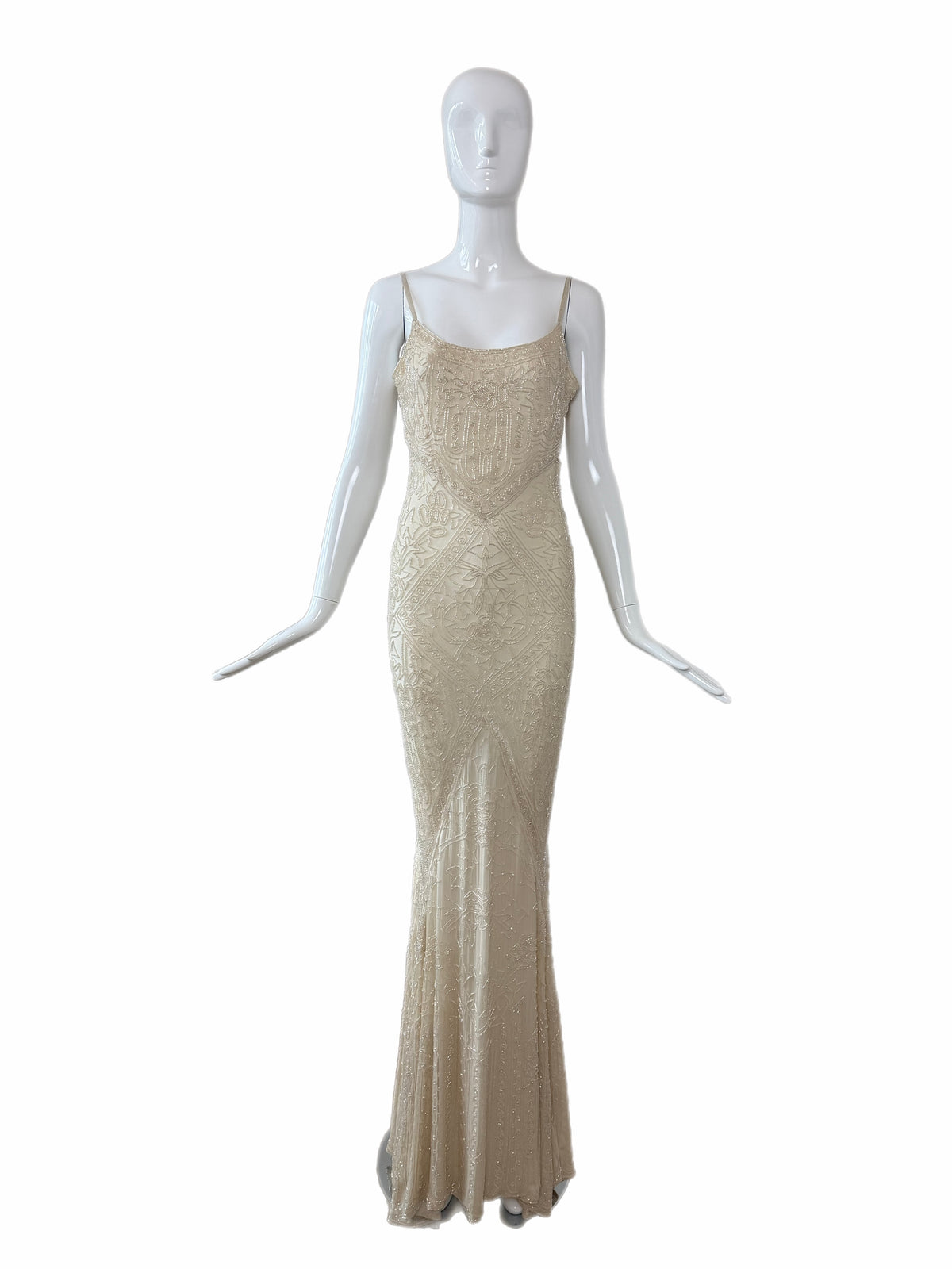 LES HABITUDES 90's Couture Vintage Iridescent Ivory Cream Silk Hand Beaded Bridal Gown