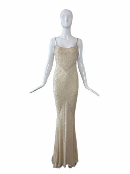 LES HABITUDES 90's Couture Vintage Iridescent Ivory Cream Silk Hand Beaded Bridal Gown
