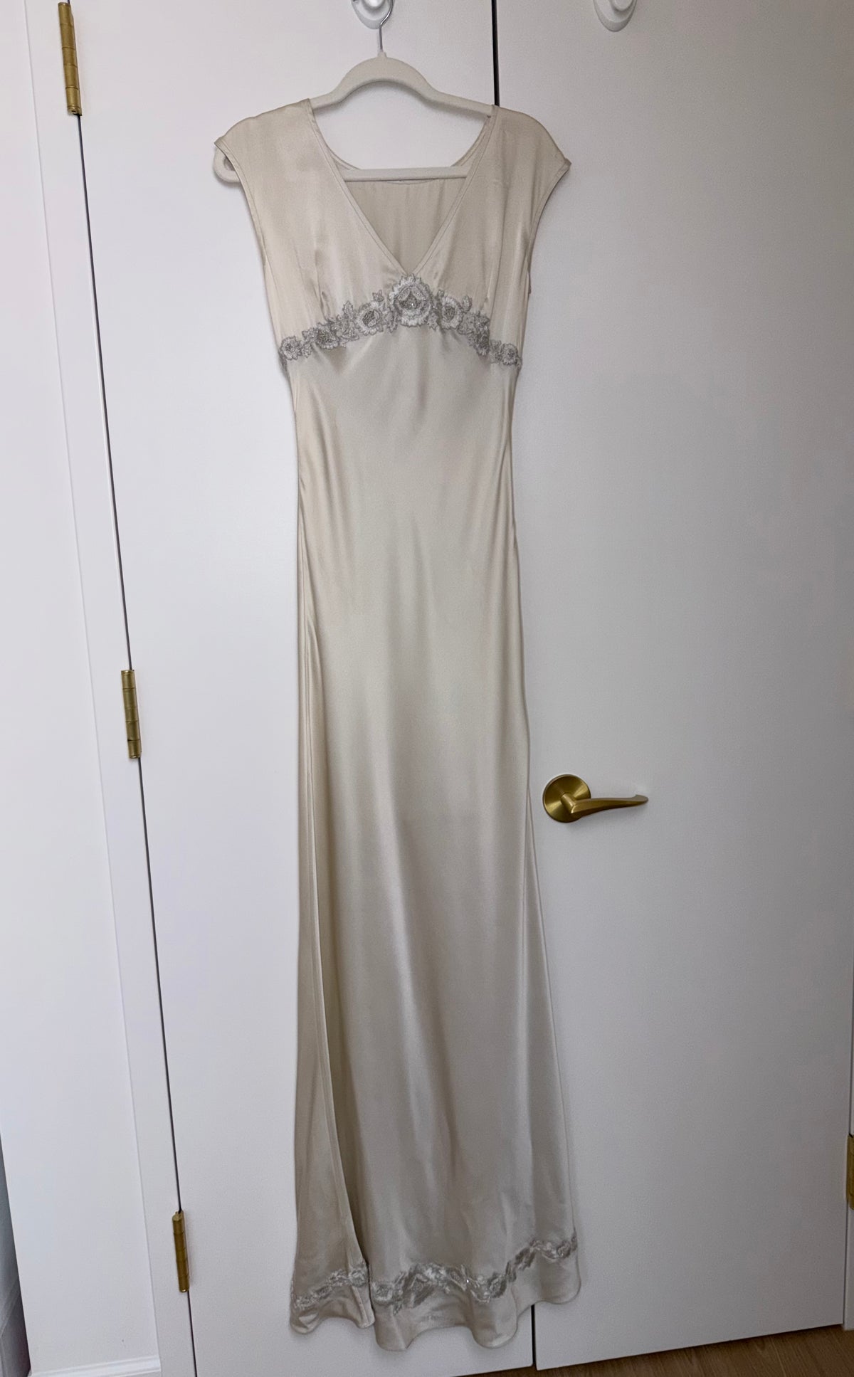 LES HABITUDES 90's Vintage Silver Grey Satin Floral Hand Beaded Antique Look Slip Gown