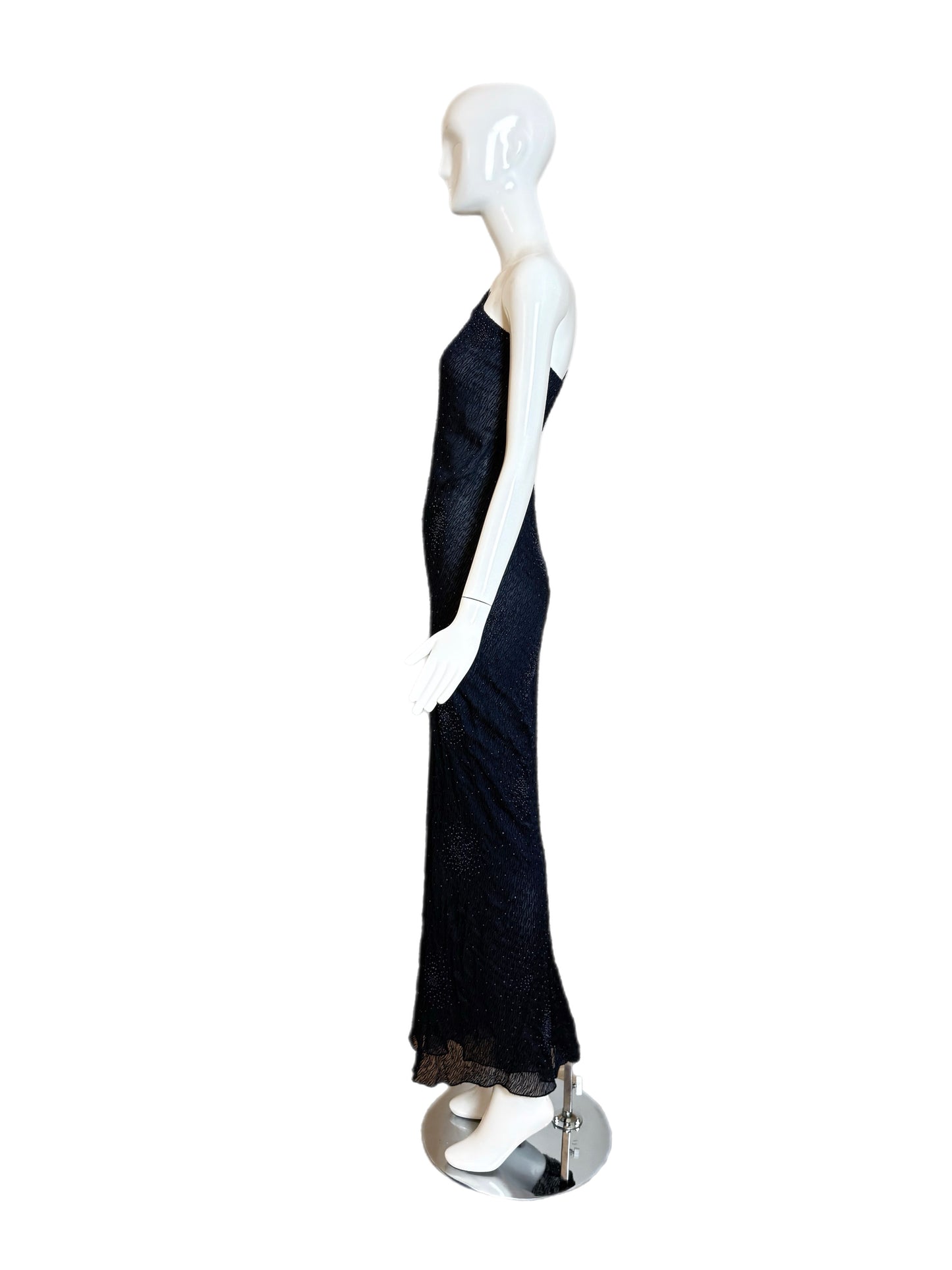 DONNA KARAN 90's Vintage Midnight Blue Beaded Asymmetrical Evening Gown