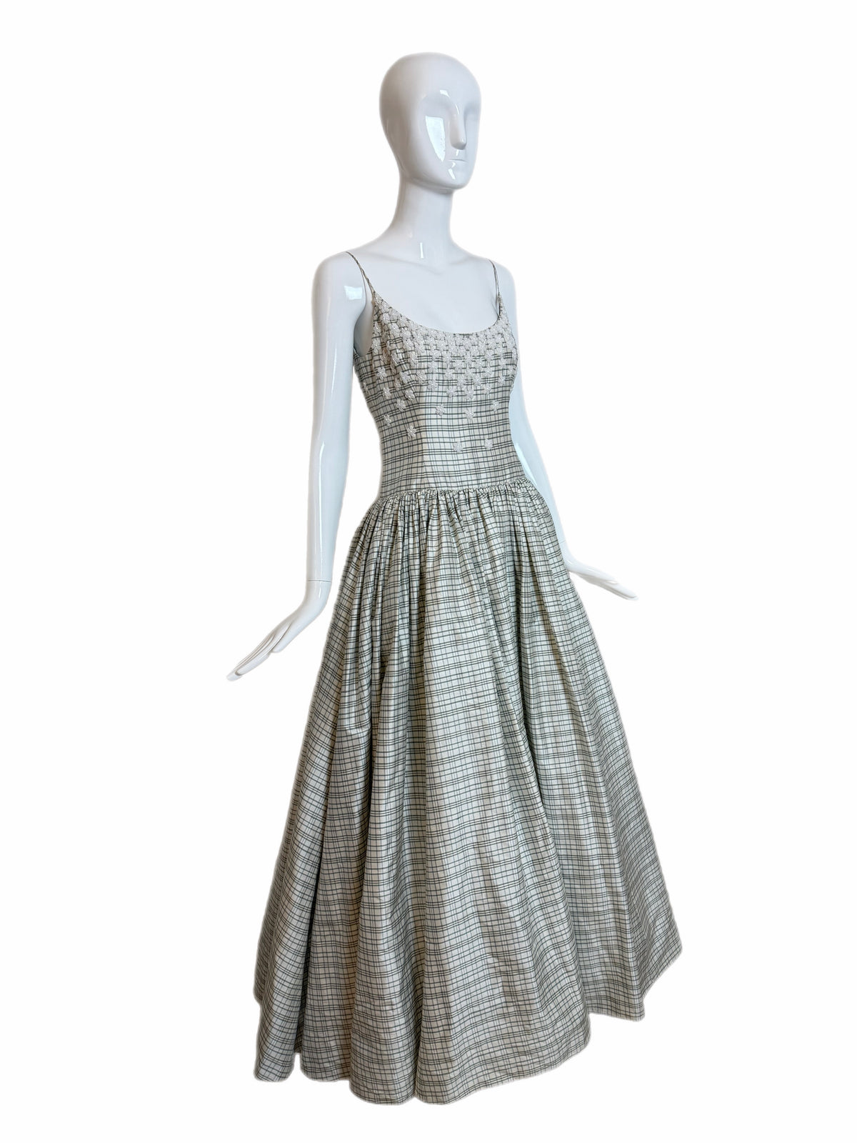 BADGLEY MISCHKA 90's Vintage Ivory Checked Silk Beaded Ball Gown
