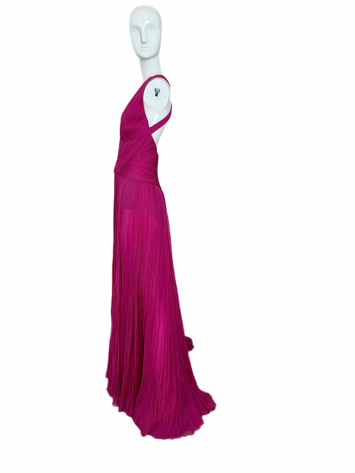 ROBERTO CAVALLI Hot Pink Fuschia Silk Plisse Pleated Plunge Neckline Evening Gown
