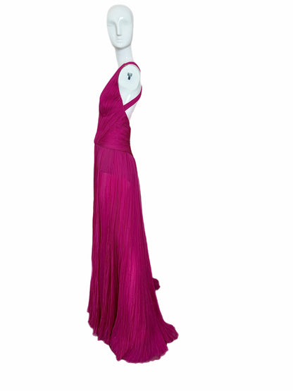 ROBERTO CAVALLI Hot Pink Fuschia Silk Plisse Pleated Plunge Neckline Evening Gown