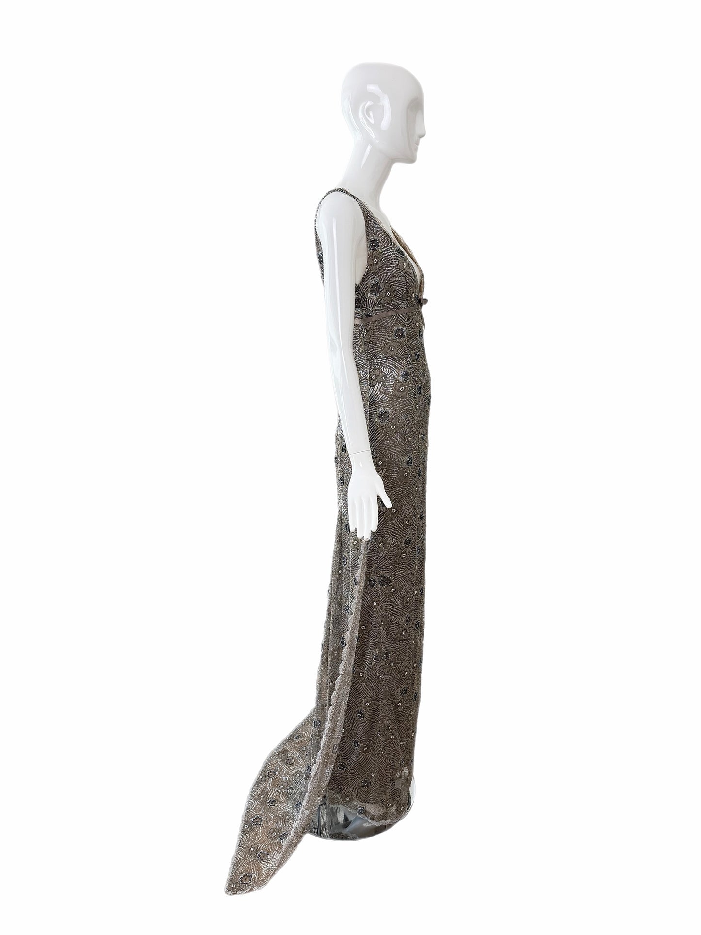 RANDOLPH DUKE 2005 Vintage Silver Floral Beaded Evening Gown w. Train