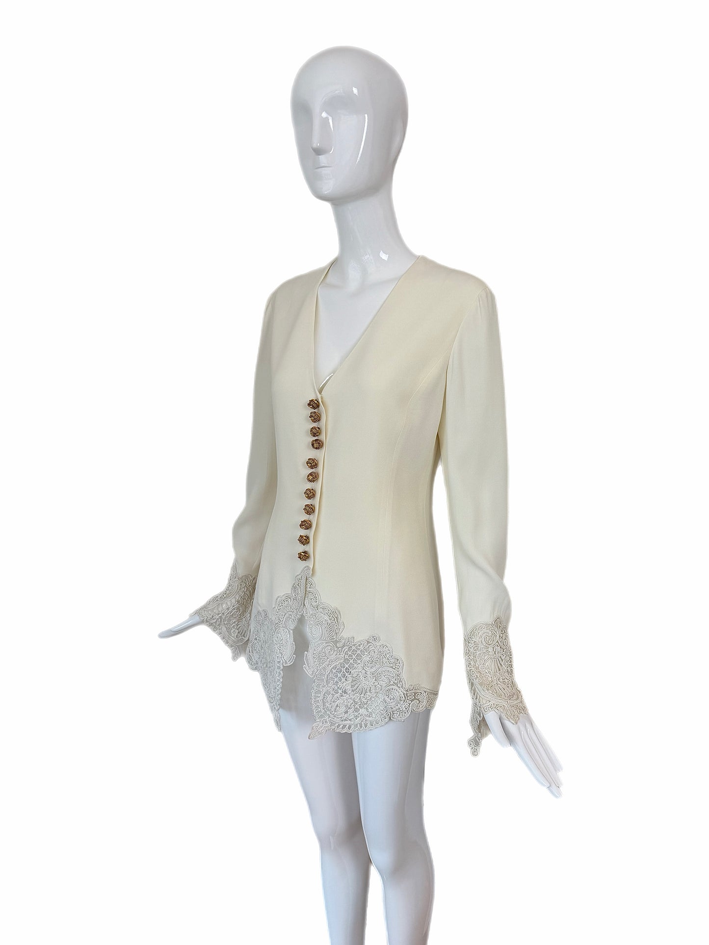 DIOR 1995 Vintage Runway Ivory Blouse/Jacket w. Gold Buttons and Embroidery