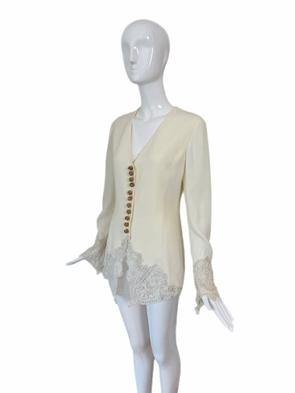 DIOR 1995 Vintage Runway Ivory Blouse/Jacket w. Gold Buttons and Embroidery