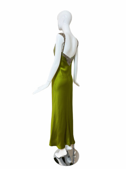 MONIQUE LHUILLIER 2005 Vintage Runway Green Silk Gown w. Crystals