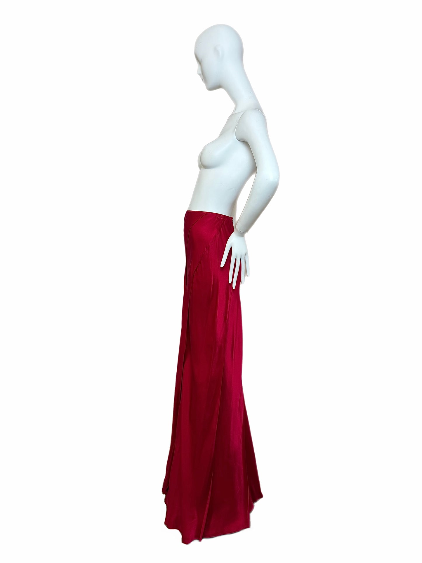 ROBERT DANES Red Liquid Silk Layered Bias Cut Maxi Skirt