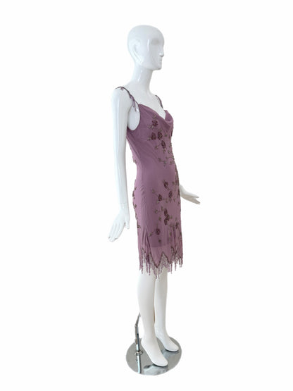 SUE WONG 2003 Vintage Runway Plum Purple Silk Beaded Slip Dress