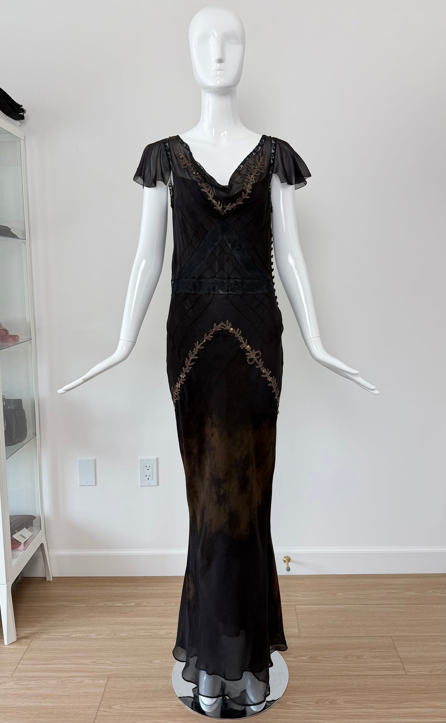 JOHN GALLIANO 2006 Vintage Runway Silk Bias Cut Metal + Lace Embellished Evening Gown