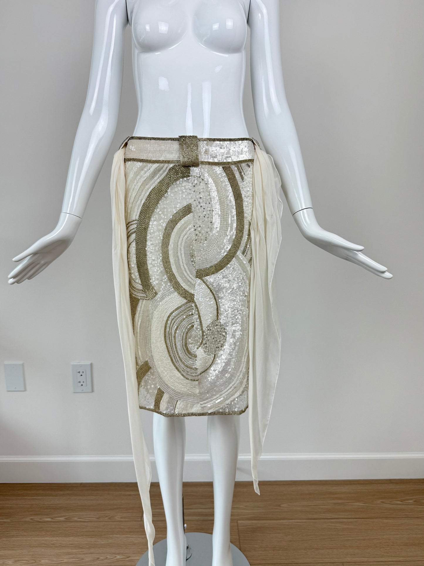 VALENTINO 2005 Vintage White + Gold Beaded Skirt