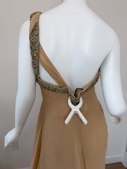ROBERTO CAVALLI 2012 Silk Chiffon Tan Embellished Grecian Gown w. Slit