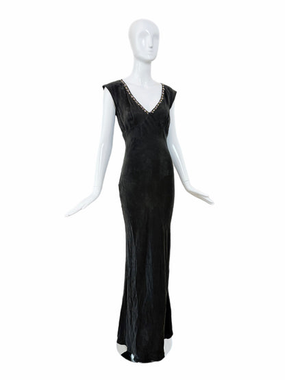 LES HABITUDES 90's Vintage Jet Black Floral Neckline Slip Gown