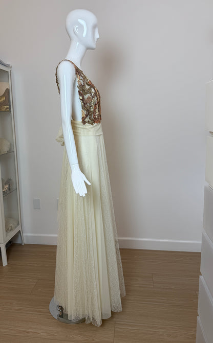 Ema Savahl Couture Hand Painted Ivory Pleated Lace Backless Gown