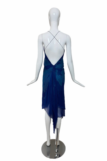 DONNA KARAN (FLAWED) 2000 Vintage Runway Silk Blue Backless Halter Dress