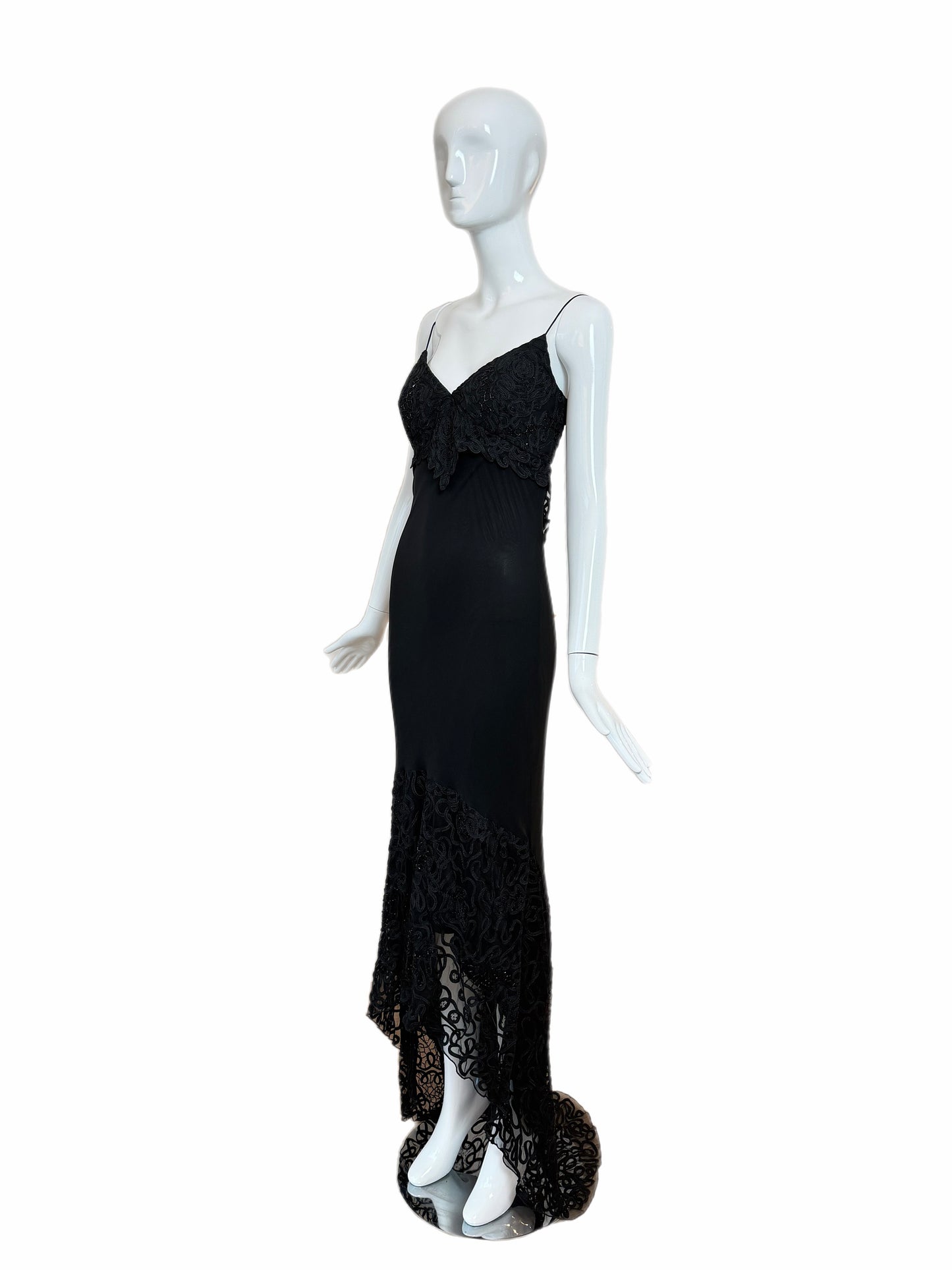 SUE WONG 00's Vintage Silk Black Beaded Evening Gown w. Train