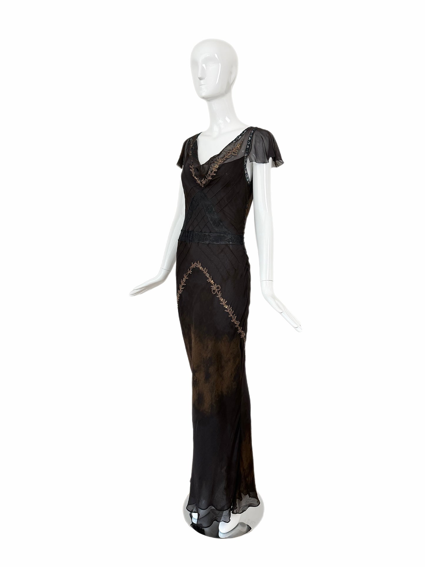 JOHN GALLIANO 2006 Vintage Runway Silk Bias Cut Metal + Lace Embellished Evening Gown
