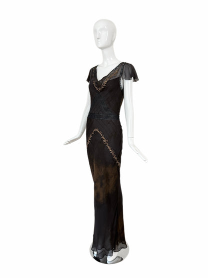 JOHN GALLIANO 2006 Vintage Runway Silk Bias Cut Metal + Lace Embellished Evening Gown