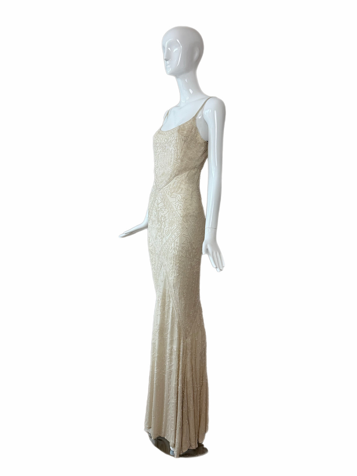 LES HABITUDES 90's Couture Vintage Iridescent Ivory Cream Silk Hand Beaded Bridal Gown