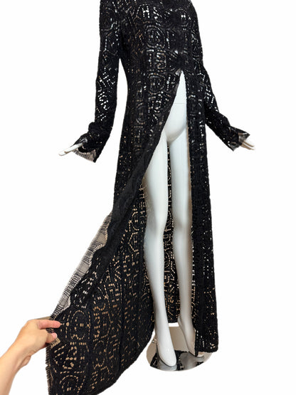 Danes Vintage Black Crochet Dramatic Floor Length Long Sleeve Jacket