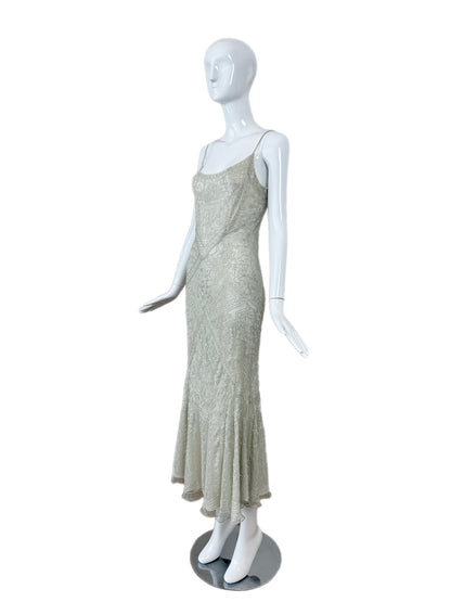 LES HABITUDES 90's Couture Vintage Grey/Blue Beaded Bridal Dress w. Shawl