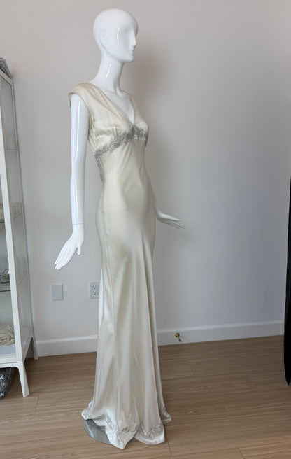 LES HABITUDES 90's Vintage Silver Grey Satin Floral Hand Beaded Antique Look Slip Gown
