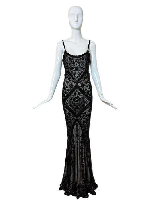LES HABITUDES 90's Vintage Couture Black Silk Hand-Beaded Evening Gown