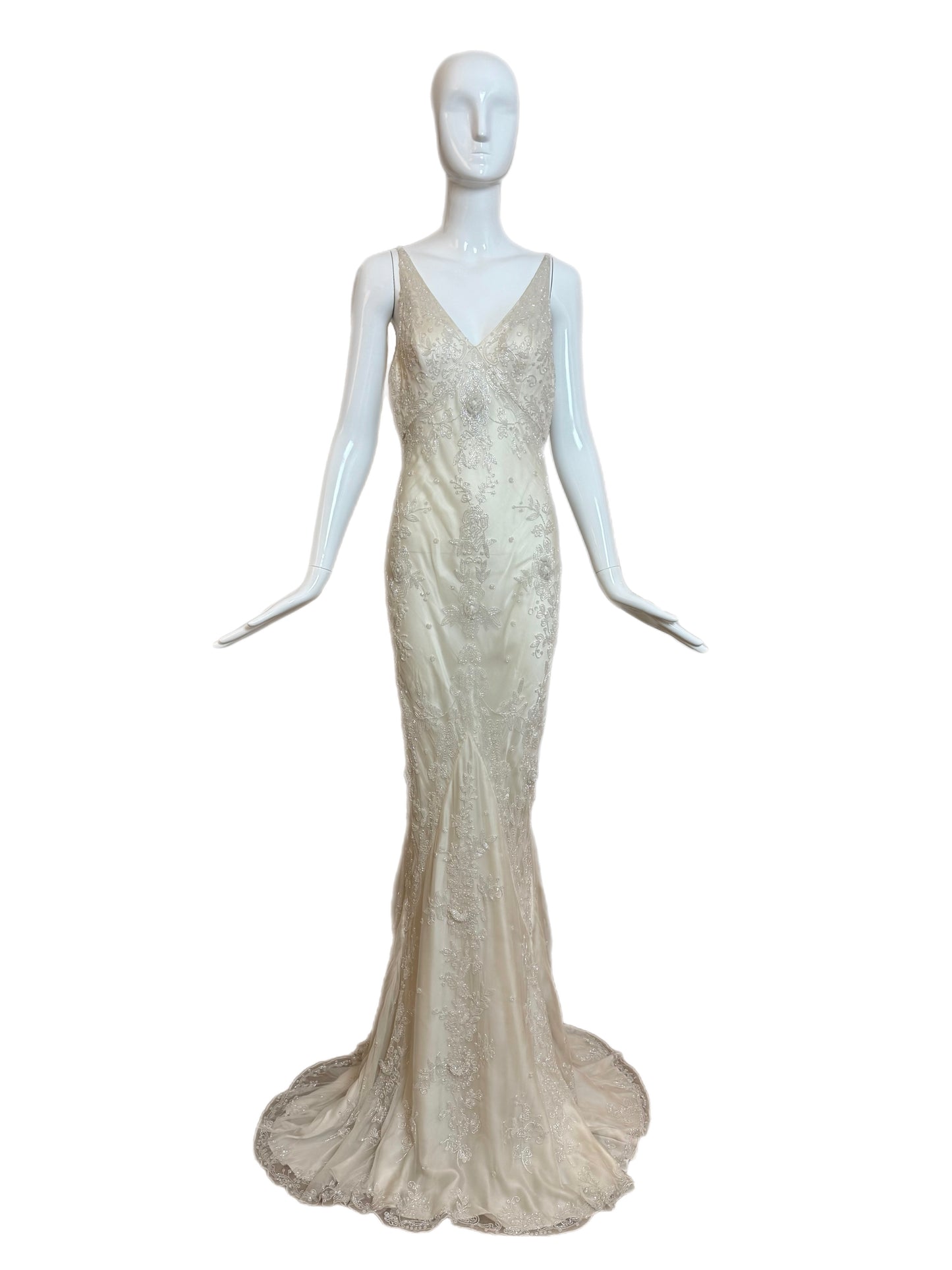 LES HABITUDES 90's Vintage Couture Ivory Beaded Silk Wedding Gown w. Shawl