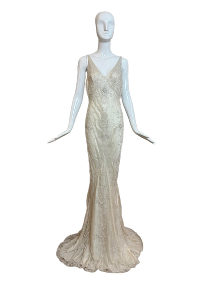 LES HABITUDES 90's Vintage Couture Ivory Beaded Silk Wedding Gown w. Shawl