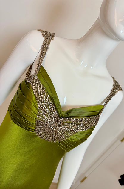 MONIQUE LHUILLIER 2005 Vintage Runway Green Silk Gown w. Crystals