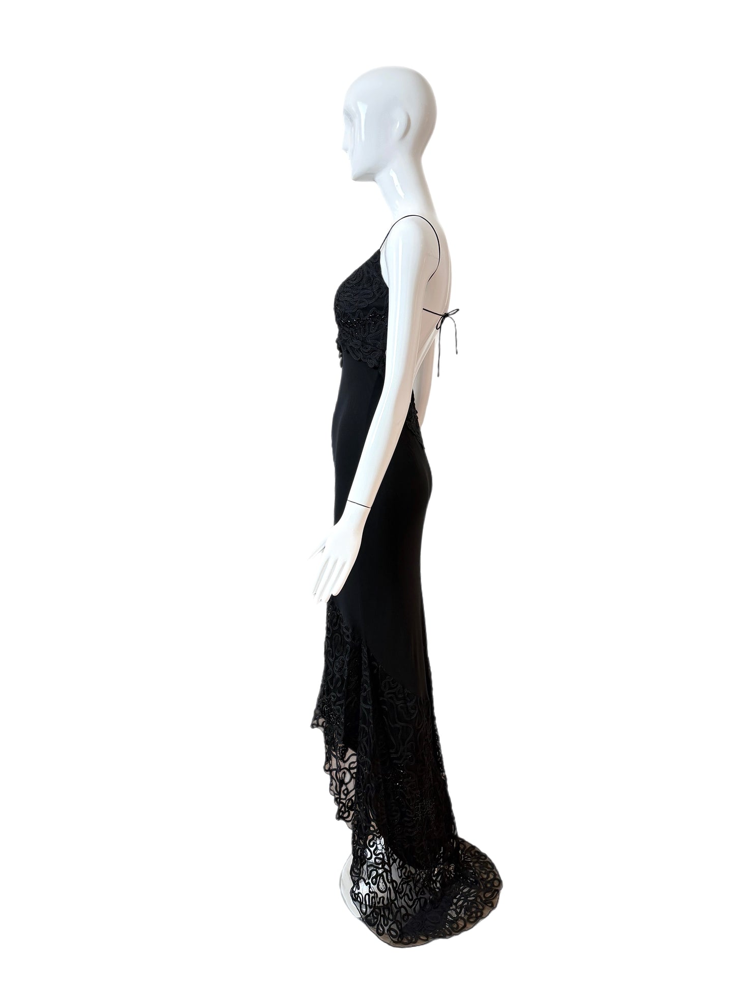 SUE WONG 00's Vintage Silk Black Beaded Evening Gown w. Train