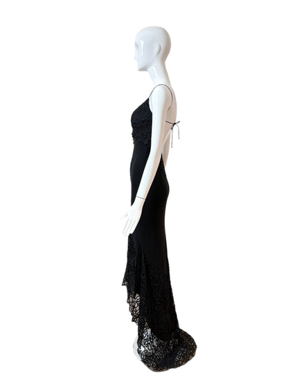 SUE WONG 00's Vintage Silk Black Beaded Evening Gown w. Train