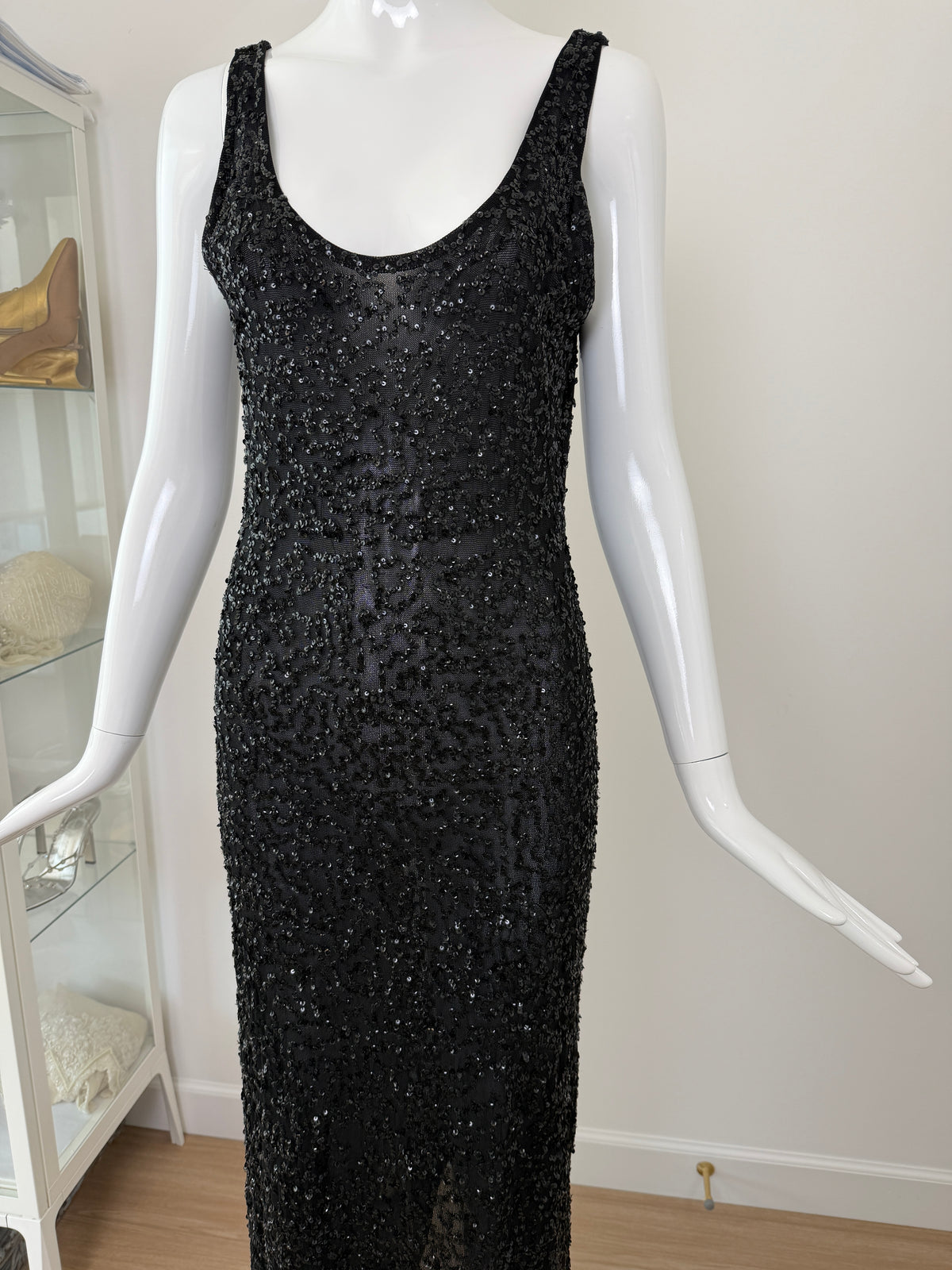 Donna Karan Vintage Black Semi-Sheer Sequined Long Gown
