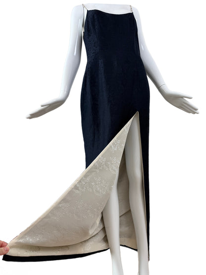 DIOR by JOHN GALLIANO 1998 Vintage Runway Blue Floral Evening Gown w. Ivory Interior + Pearl Straps