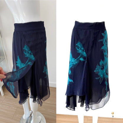 DONNA KARAN 2000 Vintage Blue Silk Runway Print Skirt