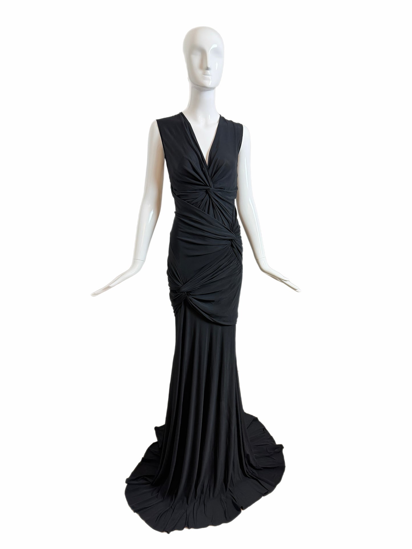 DONNA KARAN Vintage Black Ruched Extra Long Open Back Evening Gown