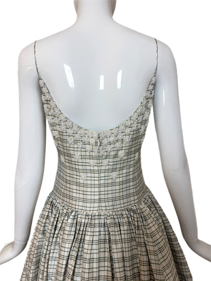 BADGLEY MISCHKA 90's Vintage Ivory Checked Silk Beaded Ball Gown
