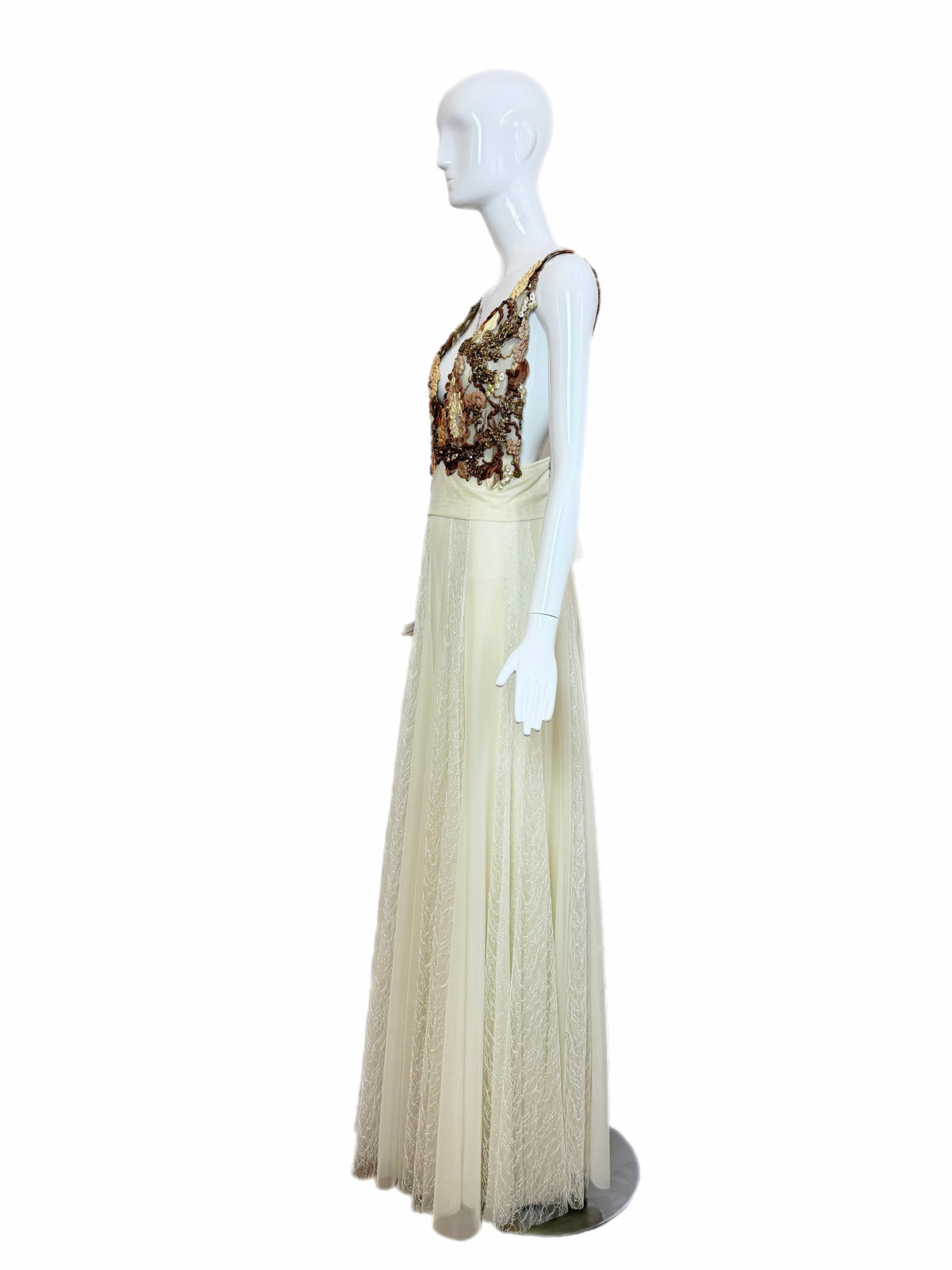 Ema Savahl Couture Hand Painted Ivory Pleated Lace Backless Gown