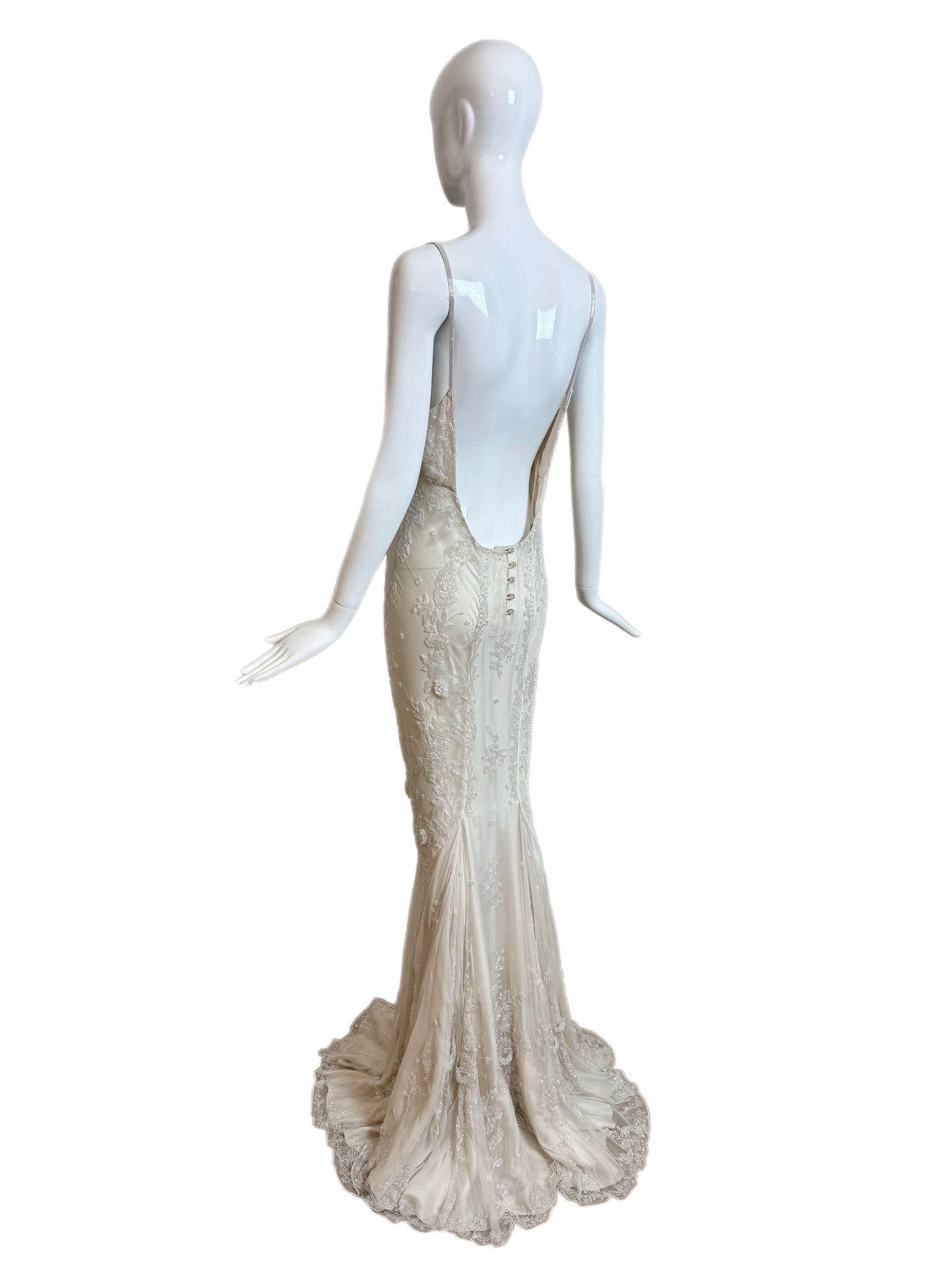 LES HABITUDES 90's Vintage Couture Ivory Beaded Silk Wedding Gown w. Shawl