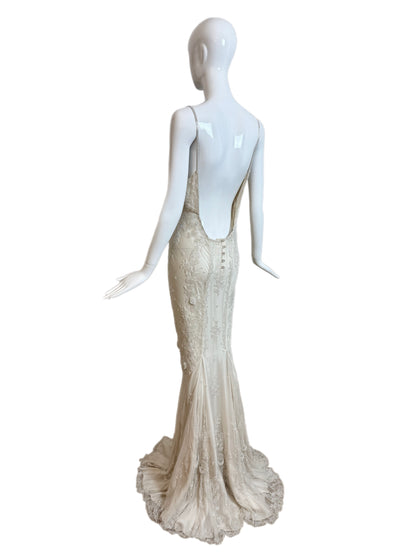 LES HABITUDES 90's Vintage Couture Ivory Beaded Silk Wedding Gown w. Shawl