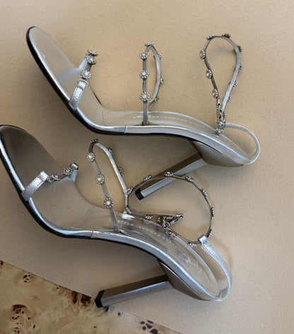 GIUSEPPE ZANOTTI 90's Vintage Silver Crystal Flower Chain Strap Sandals