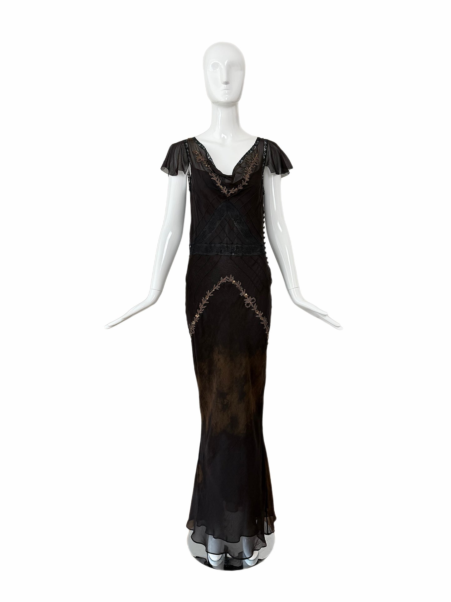 JOHN GALLIANO 2006 Vintage Runway Silk Bias Cut Metal + Lace Embellished Evening Gown