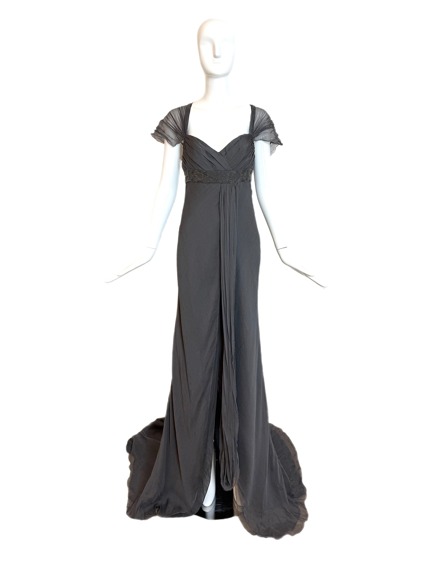 J. MENDEL Vintage Grey Silk Evening Gown w. Long Train