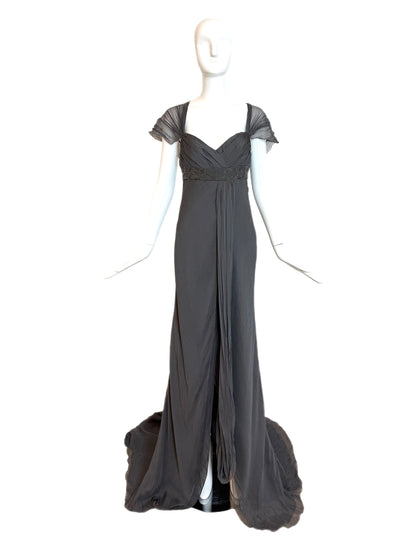 J. MENDEL Vintage Grey Silk Evening Gown w. Long Train