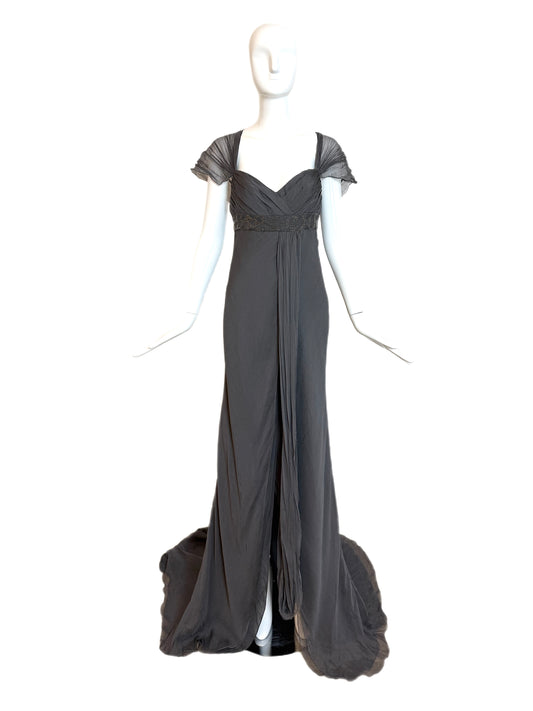 J. MENDEL Vintage Grey Silk Evening Gown w. Long Train