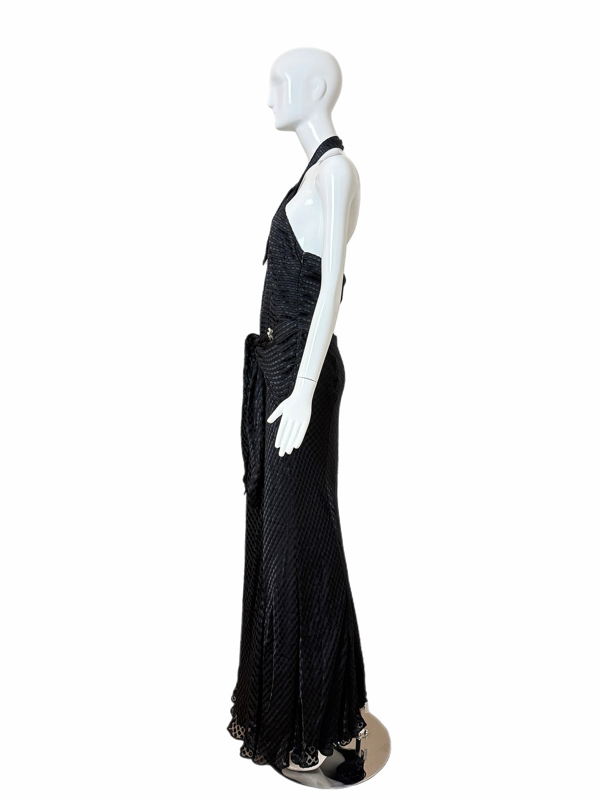 GALLIANO Vintage Black Silk Blend Textured Jacquard Halter Neck Evening Gown