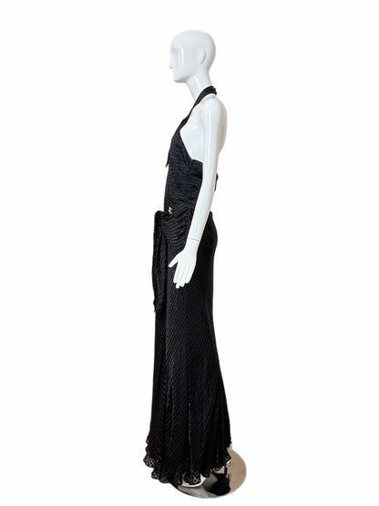 GALLIANO Vintage Black Silk Blend Textured Jacquard Halter Neck Evening Gown